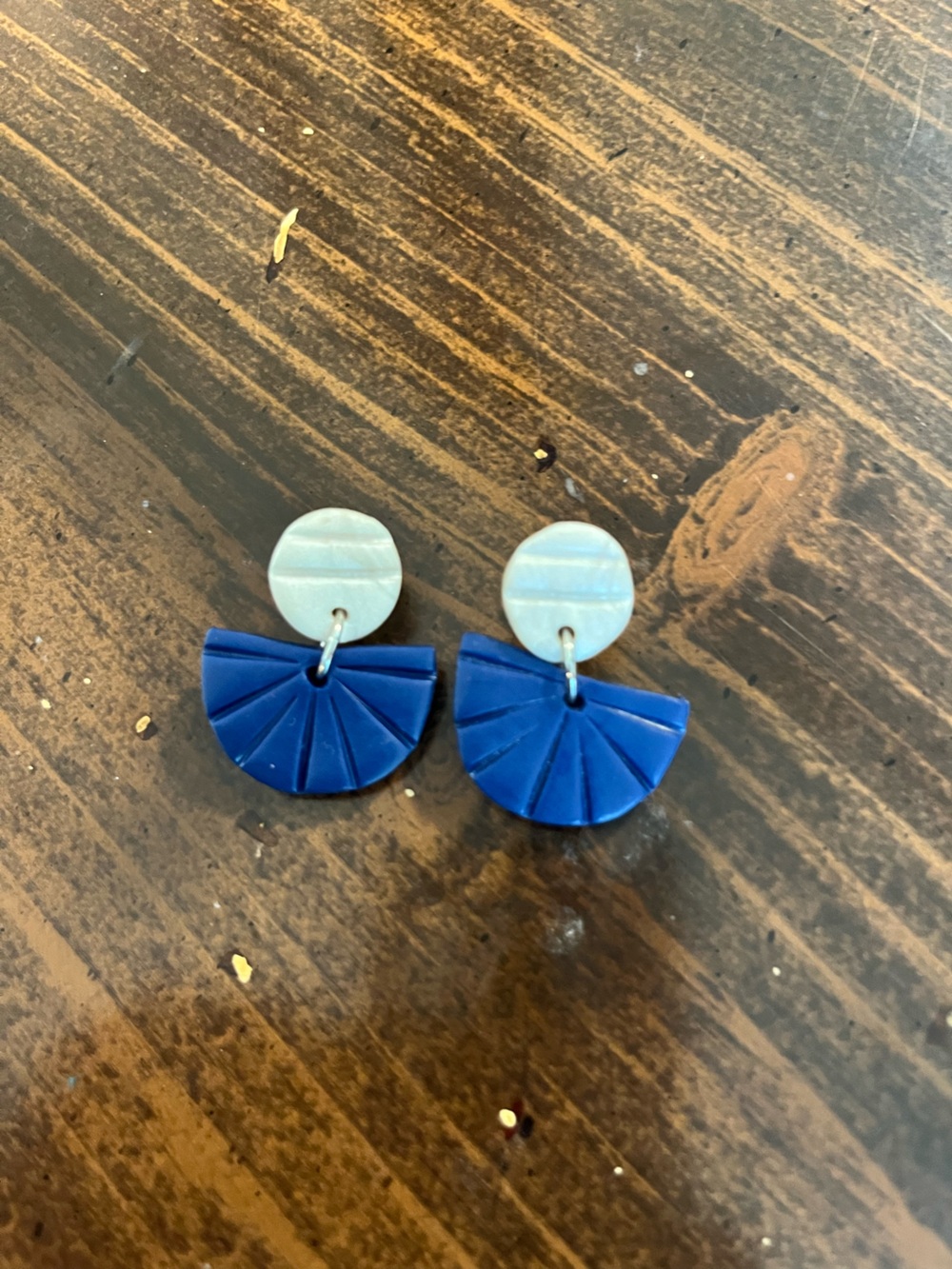 Vintage Blue Fan Half-Moon Dangle Earrings with Pearl Discs